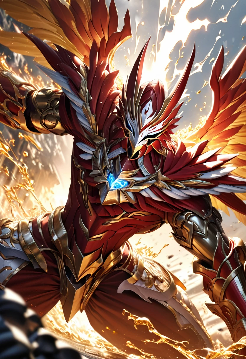 Ultra realistic, high detail, symetrical,absurdres, highres, ultra detailed, HDR, masterpiece, extremely detailed face and eyes,,,red and white saint Seiya knight , epic eagle garuda mask, cool wings, , solo, man, handsome, ,, , Epic fight scene, golden splashing effect,golden lightning effect,glowing glitters, explosive effect