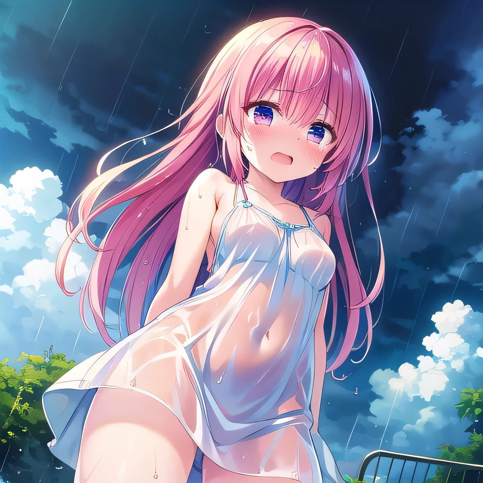 (masterpiece,Highest quality,Ultra-high resolution),((Perfect Face, Beautiful face、Perfect body)),((From head to thigh、Standing posture、arms behind back))、((Wet white shirring tiered cami dress、Wet and see-through dress))、One Woman、Long Hair、Pink Hair、((embarrassed:1.5、blush、Open your mouth、tearing up:1.1))、Big Breasts、Angle from below、(Dark Sky、Overall dark、Rain Clouds、heavy rain)