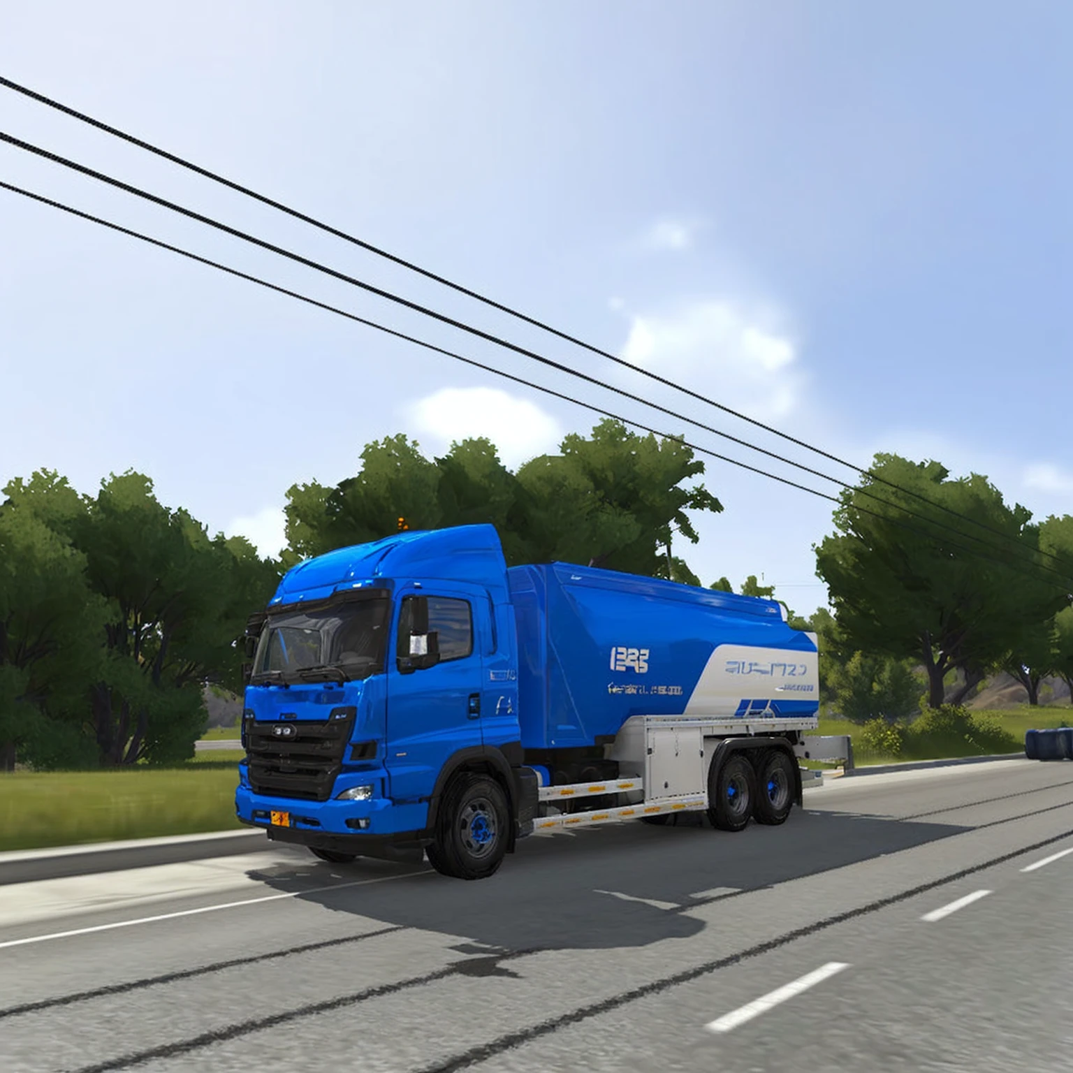 a close up of a blue truck driving down a road, truck, by Josetsu, ultra realistic ”, ultra realistic”, highly_detailed!!, semi realistic, trailer, highly detailed!!, aokan, full device, high detail!!!, gas, ( ultra realistic, highly detailed!!!, 3 2 k, 32k, in game, enb, bc