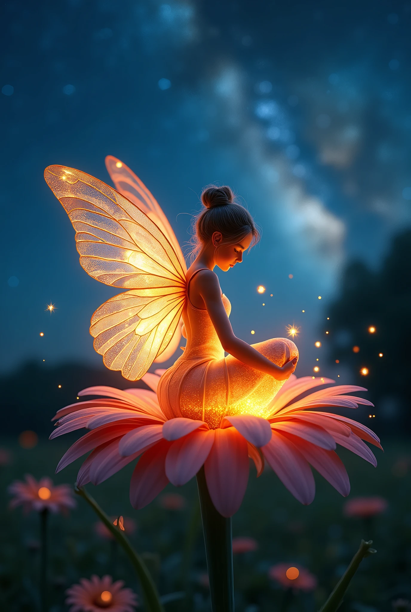 High-definition image/photo8K • The whole body of the fairy is transparent and glowing • A fairy with butterfly wings on its back • The middle of the night with fireflies flying around • Stars of the Milky Way々• Sitting on a flower • The fairy's body is transparent and glowing