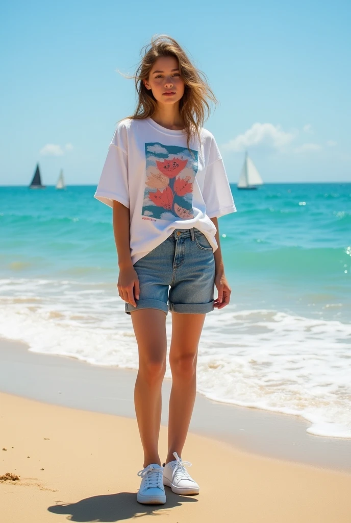 a lady girl standing beside the beach wearing boyish style and white sneakers realistic pictures