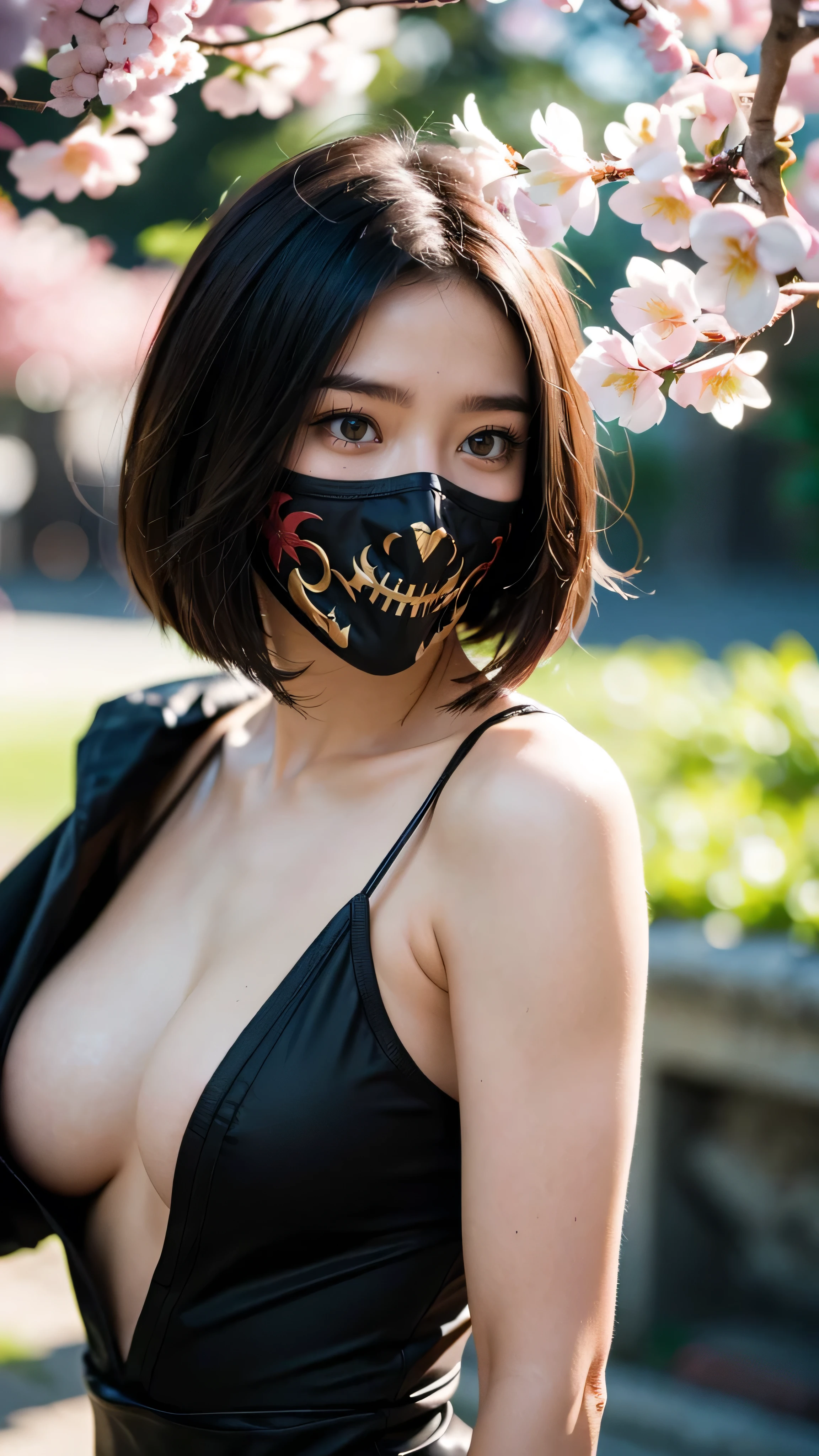 (high quality photo, ultra realistic, 8k, Seductive portrait of (the thousandth), mortal kombat), close up photography, portrait, (the thousandth wearing demon mask), super beautiful with angry expression, bright pink eyes, photo taken close up, normal hands, detailed fingers, Masterpiece, (realistic 8k, photorealistic: 1.37), detailed realistic, 1 girl, super straight shoulder length short hair: 1 .5, black fur: 1.2, ojos rbright Eyes: 1.5, bright Eyes, ((the thousandth from Deadly Game kombat)), ninja wearing demon mask, Weapons, kimono, dress, Purple Warrior Micro Swimsuit, ((mortal kombat)), big and long breasts, Fighting stance with legs spread, flexible body, curved body, serene look, Temple, meditation, Apocalyptic, (ninja mask), eyes to the sky, demon mask, reflection, (photo background: shows clear officer, officer, Cherry Blossom), perfect hands, she uses sai Weapons in her hands, sexy ninja hot body,