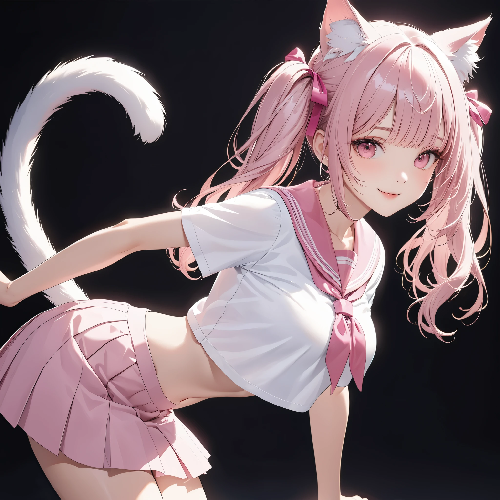 (8K, masutepiece, Best Quality, Official art, Breathtaking beauty and aesthetics, highly beautiful lighting, highly beautiful detailed), (1 Girl, Solo), (sixteen years old), (beautiful detailed face), (shiny white skin), (Beautiful big bust, cleavage, thighs, navel focus:1.3), (beautiful detailed pink twin tails hair, Bangs:1.3), (beautiful detailed drooping pink eyes:1.5), (high school uniform:1.3), (patsel pink sailor collar, white short sleeves short length outing shirt, pastel pink pleated skirt, patsel pink ribbon:1.3), (happy smile:1.2), (cute cat ears, cute fluffy cat tail:1.3), (Attractive, sensational, look at the camera, cute pose, looking back, lean on:1.3), (simple white plain background:1.5),