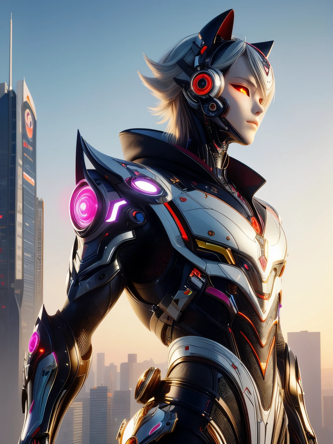 (high quality), (masterpiece), (detailed), 8K, Hyper-realistic illustration of (Japanese boy1.2) wearing (bakeneko attire1.3) with (futuristic accents1.2) and (modern twists1.2), showcasing (neon-lit cityscape1.2) in the background. (Upper body1.2) is emphasized, with (detailed facial features1.3) and (expressive eyes1.2). Metallic (cybernetic enhancements1.2) and ( holographic displays1.2) adorn the attire, blending traditional and futuristic elements. In style of Syd Mead, trending on Artstation.