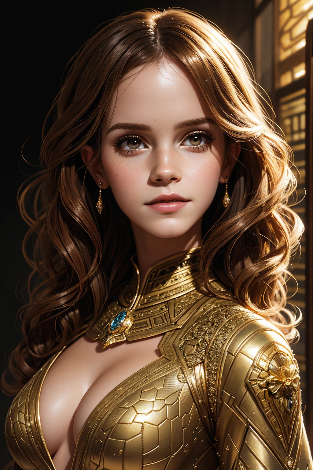 portrait Emma Watson, wearing sexy bee costume, against the background of a beehive, 6 0 3 0 s, curly hair, intricate, elegant, highly detailed, digital painting, artstation, concept art, smooth, sharp focus, illustration, art by thomas kindkade, charlie bowater, artgerm, greg rutkowski, alphonse mucha and alexandra fomina, 36k, glittering, shining