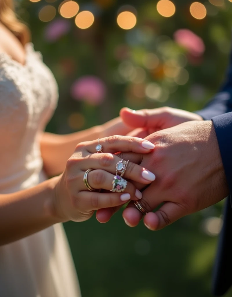 Macro photography, detailed close-up of a newly wed's hands exchanging rings