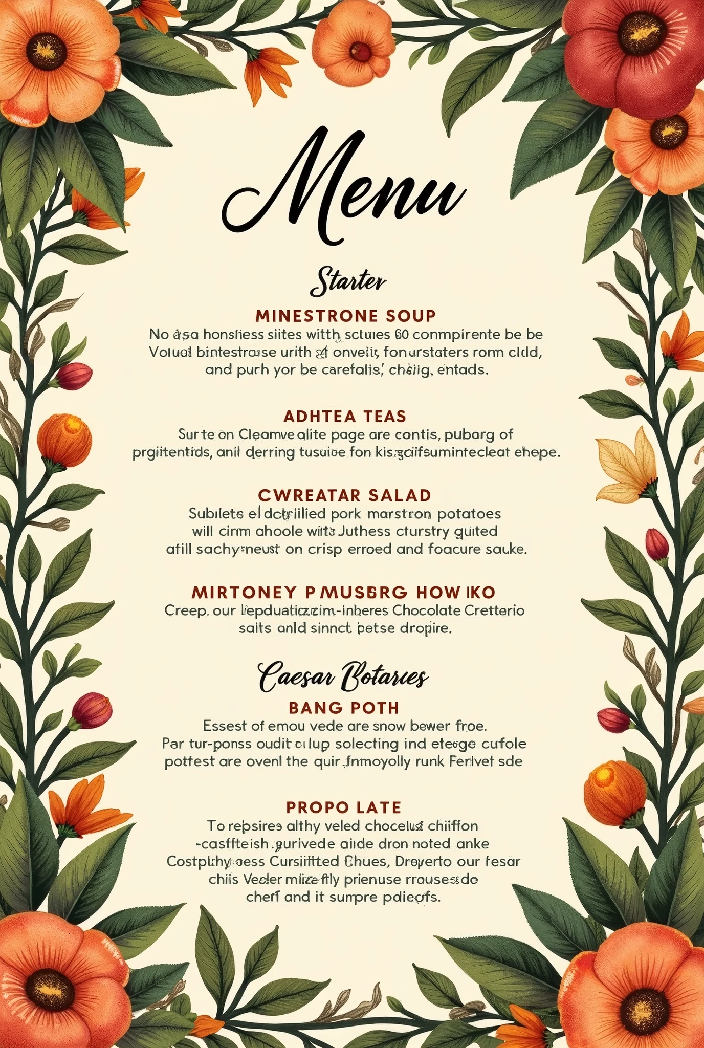 Menu card that is from durangs restaurant and the starter consists of minestrone soup and the main is pan grilled pork with sweet and sour sauce served duchess potatoes and Caesar salad and the desert is chocolate chiffon cake with coffee custard sauce