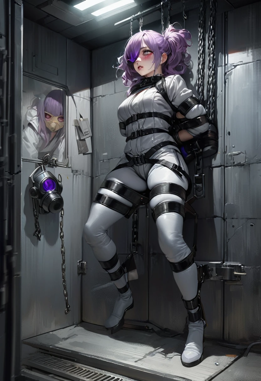 hightquality,Realistic,cyberpunked,Realistic, prison, (Futuristic, severe), woman wearing a straitjacket（30-years old）, white rough hair,Full body restraint,lap belt,cangue,eye mask,a choker,respirator,gas masks,gag,Cuffed, woman behind the bar, Eyes moistened with tears,Purple Mesh,   Black Strait Jacket(A futuristic, Restraint belts here and there,Thick fabric,arms bound,fetters), Confined,Red face, prison( The dim, chains, Woman in the center of the room).