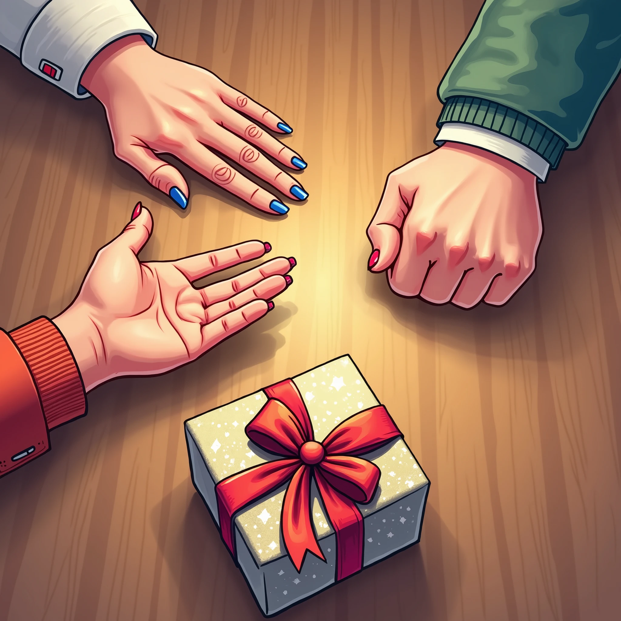 Illustration from above, close-up of hands, two people playing rock-paper-scissors with right hand, person on right is rock and the other on left is paper, one wrapped gift box