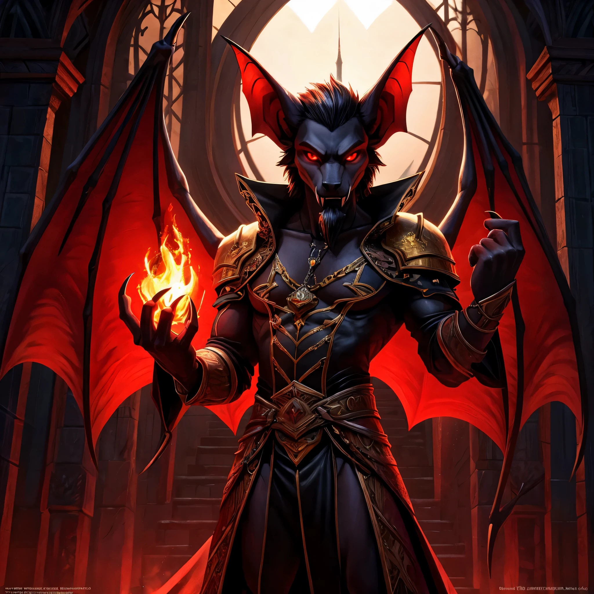 A tall, slender male semianthropomorphic vampire bat in opulent black, gold, and red clothing, with glowing red eyes, fangs, a goatee, long clawed fingers, and bat wings, beckoning seductively, svelte and lithe in appearance, highly detailed, photorealistic, cinematic lighting, dramatic shadows, moodyprofessional portrait,castlevania,greg hildebrandt style,firelight
