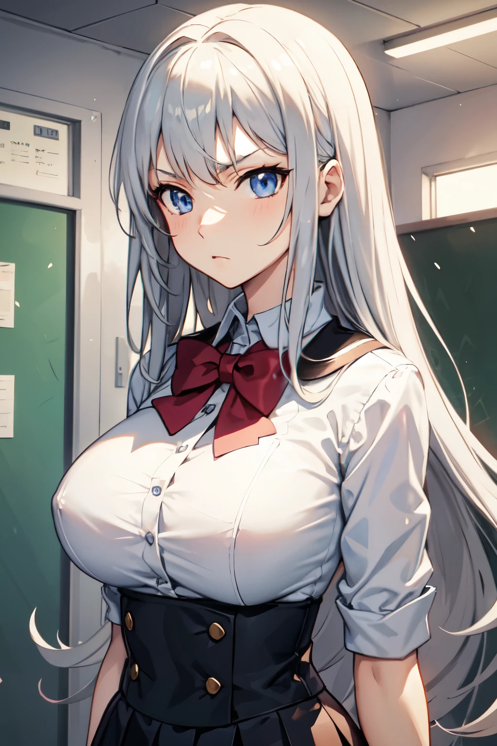 (schoolgirl)), ((anime)), 1girl, long hair, silver hair, hime cut, 2 sidelocks, stern expression, dark blue eyes, fair skin, big breasts, honor student, uniform


