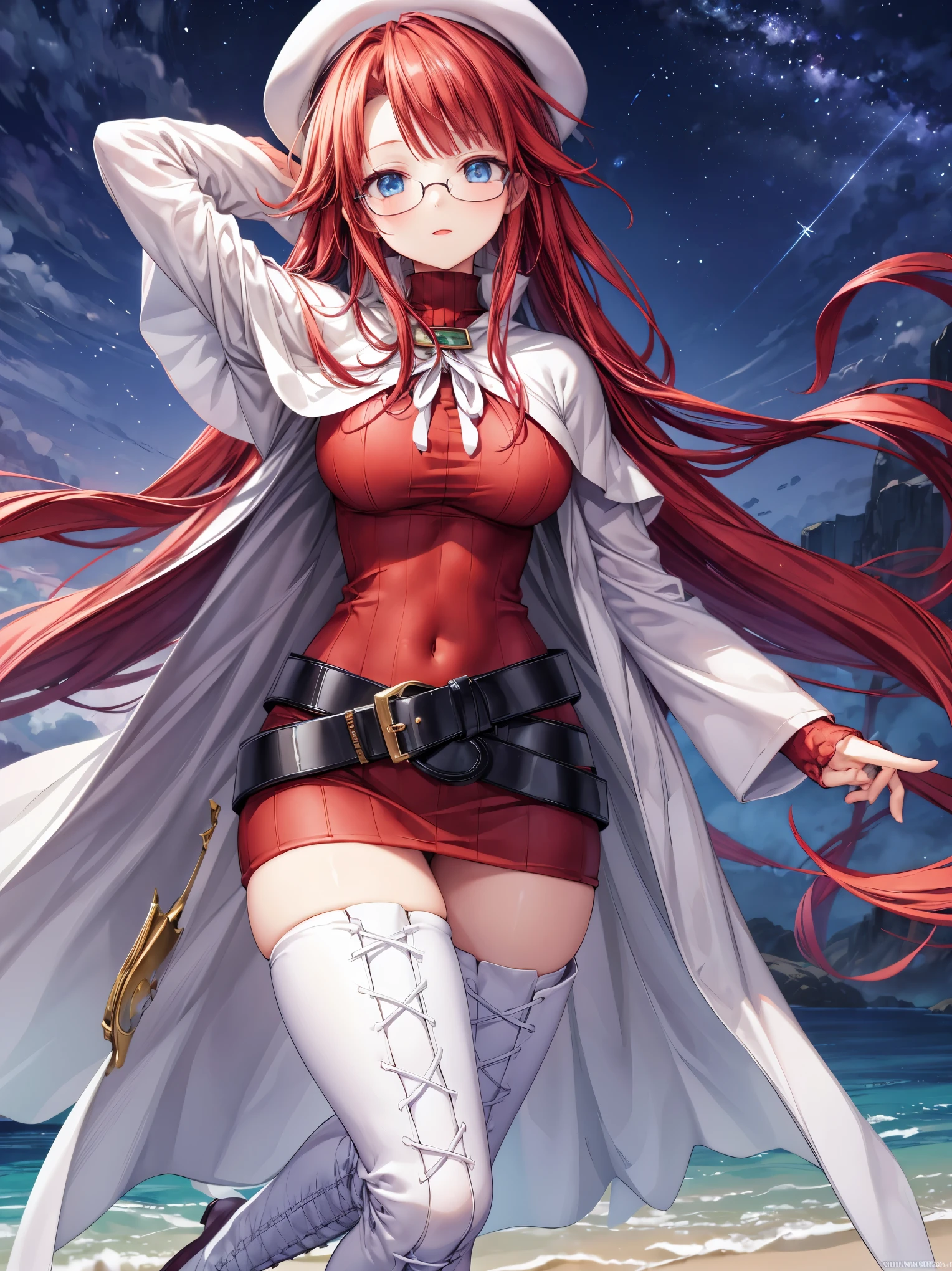 summonnightaty, aty, (young:1.3),long hair, blue eyes, red hair, big_tits, hat, glasses,
BREAK long hair, thighhighs, hat, dress, naked_legs, glasses, belt, cape, sweater, zettai ryouiki, beret, thigh boots, white footwear, ribbed sweater, loose belt,solo,
BREAK outdoors, fantasy,on_beach,
,Highquality_hads,perfect_fingers,
BREAK (masterpiece:1.2), best quality, high resolution, unity 8k wallpaper, (illustration:0.8), (beautiful detailed eyes:1.6), extremely detailed face, perfect lighting, extremely detailed CG, (perfect hands, perfect anatomy),covered_nipples,covered_navel ,half_eyes,long_sword,sleepy_eyes,red_sweater,apart_knees,magical_effect,spread_legs, book,have_a_book,teacher,rise_knee,Smile,rise_hand,look_down_viewer,open_arms,night_town_landscape,looking_into,plump,open_mouth, dynamic_posing,solo