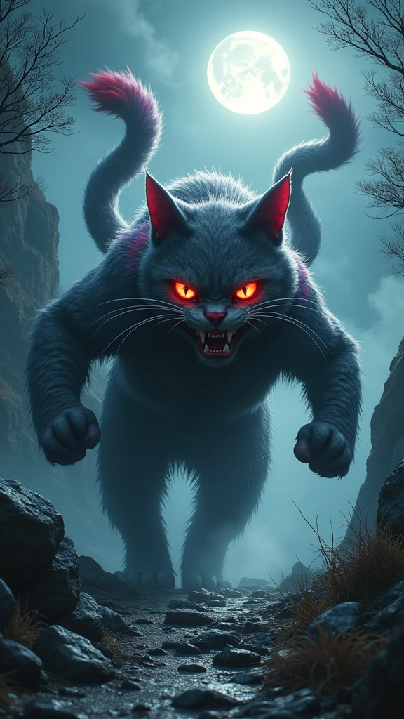 Generate an image of Nekomata with an emphasis on beastly and bakeneko characteristics. Highlight the following features:
- **Appearance**: Nekomata should be larger and more muscular compared to an ordinary cat, giving a powerful, beastly impression. Its fur is thick, long, and somewhat unkempt, with patches of sharp red or purple among gray or black. The eyes are unnaturally large, glowing red or gold, exuding a sense of fear and intimidation.
- **Tails**: The two tails are very long, with messy fur and sharp ends. They should display a wild, beastly power, with their movement creating strong winds or unusual energy around them.
- **Expression**: The face of Nekomata should be fierce and menacing, featuring large eyes and exposed fangs. The expression should evoke fear and intimidation, with pointed ears and swift movements adding to the bakeneko’s eerie presence.
- **Movement**: Nekomata should move with beast-like agility, using its limbs powerfully. Show its ability to move quickly and with strength, emphasizing its animalistic nature. Add fog or shadow effects around it to enhance the sense of terror.
- **Background**: Set the background in a rugged mountain path or an old, eerie shrine. Use dark, ominous moonlight, crap, and ancient trees to create a foreboding atmosphere that highlights the bakeneko’s fearsome nature.
The overall mood should emphasize the beastly and terrifying aspects of Nekomata, creating a visually impactful image.
Cinematic lighting、Ultra-realistic video、4K、8k