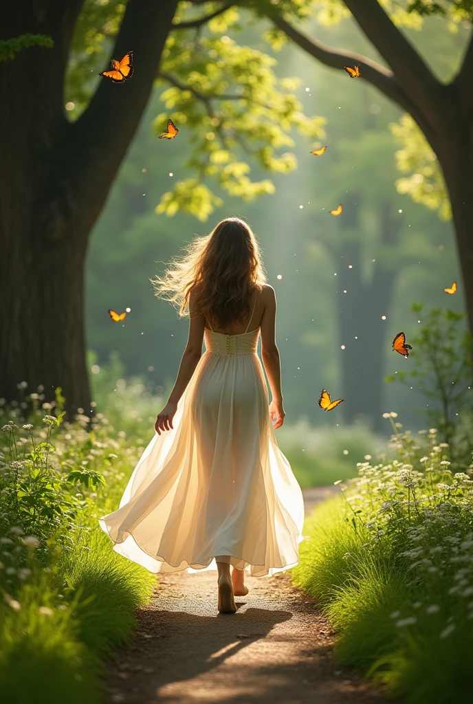 a beautiful woman in a white dress.glowing body.there are fireflies & butterflies surround it.walking in the park with big trees