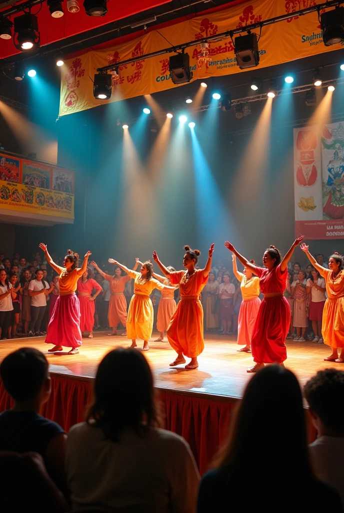 A group of students are found him herself in performing dance and singing music among the festivals they celebrate in this school this pictures with describe each element of the school and the commons of dance in singing in a hall where lots of audience are present and the performers are very happy while doing this performance