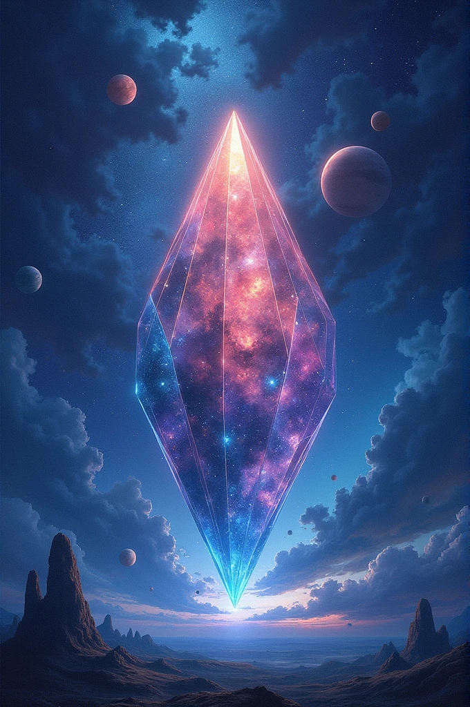 make an illustration of:
looking at it from above ,a large field,Inside it, there is a floating crystal shard, infinite in number,Inside each crystal shard, there are infinite marbles,inside the marbles again,Each one holds infinite marbles within it,then inside the marbles,each has a galaxy,The night sky is filled with stars,dan planet