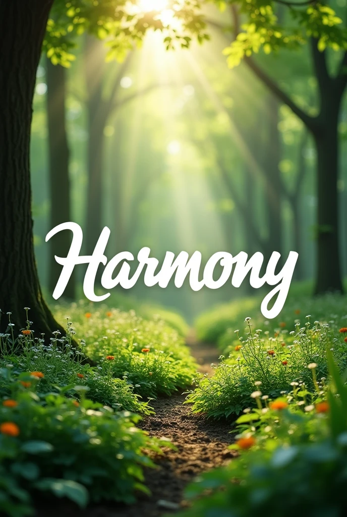 Create a serene and natural background inspired by the concept of "nature." The background features lush greenery, soft sunlight filtering through the trees, and a peaceful forest ambiance. On top of this background, place the word "Harmony" elegantly, flowing white font, centered prominently in the image. The text should contrast well with the background while maintaining a harmonious integration with the overall scene. The font is large and slightly translucent, allowing some of the background det