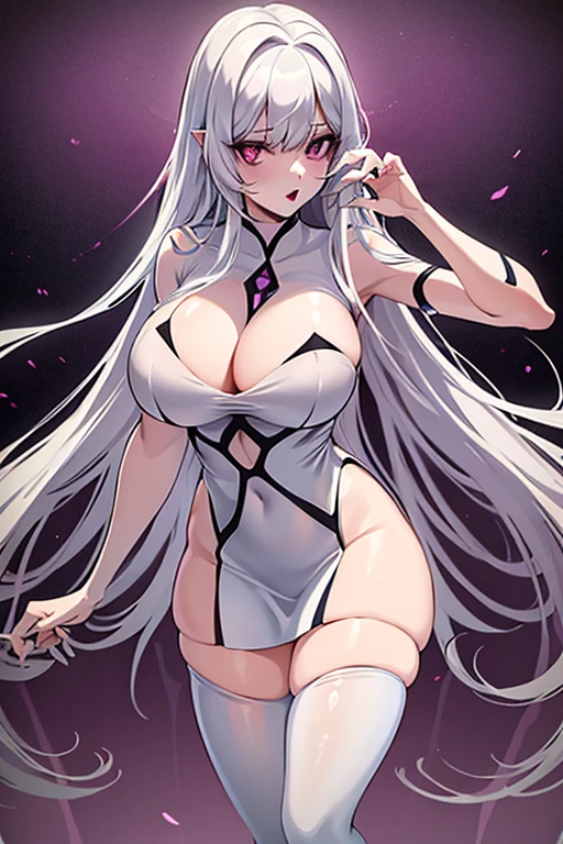 Fantasmatica waifu, big bust, white dress with semi transparent lines, purple eyes, long white hair, black lipstick, black stockings, big thighs, crossed legs (Eachtrix)(HD) rostro bien definido