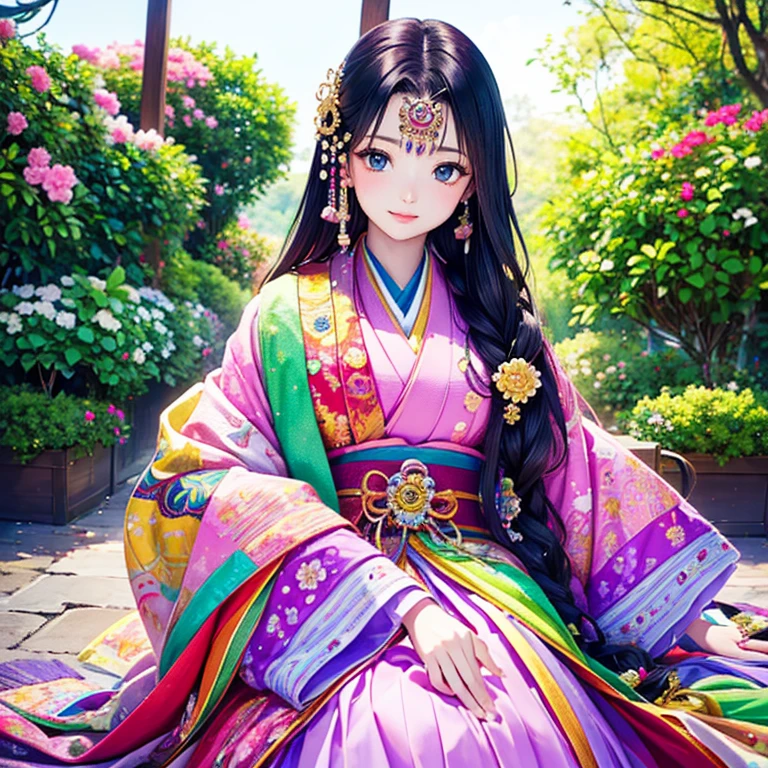 ( High resolution、 Super detailed、masterpiece、Highest quality、High resolution、8k、Detailed Anime)、Heian period、(NHK Taiga Drama、To the Shining One)、Fujiwara Akiko、Young beautiful woman、Beautiful Face、Beautiful Face、Pretty lips、(12 single coats、Light pink、Light purple、yellow、green、blue、red、White color、Colorful overlapping)、(Full Body Shot)、Long black hair、Jewel Ornament、background、garden、Colorful flowers、Vibrant colors、Detailed CG、