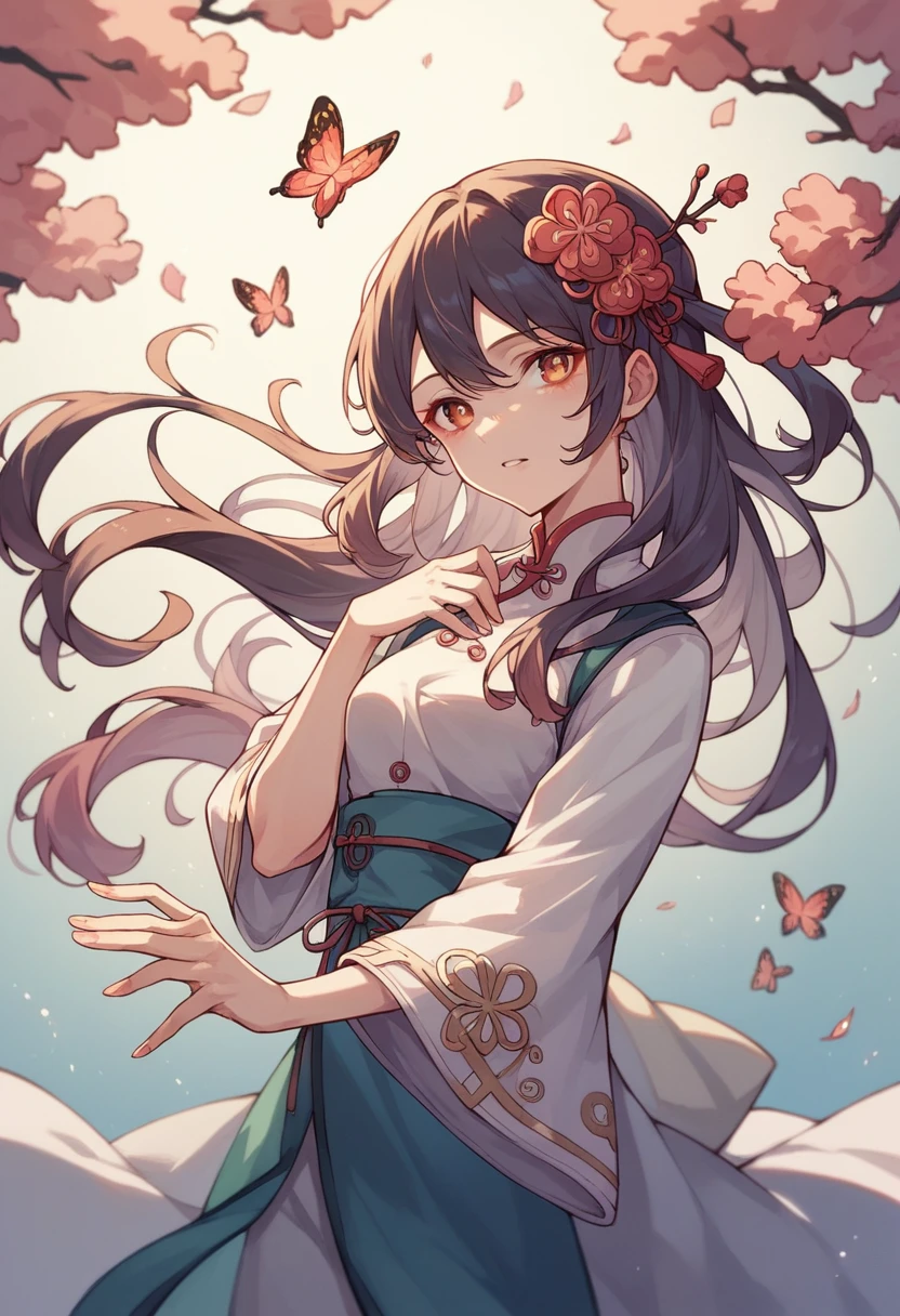 1girl,アニメ,Overall image,Vibrant movement,Anatomically correct hand,A dance of erflies, where love's wind blossoms and blows.