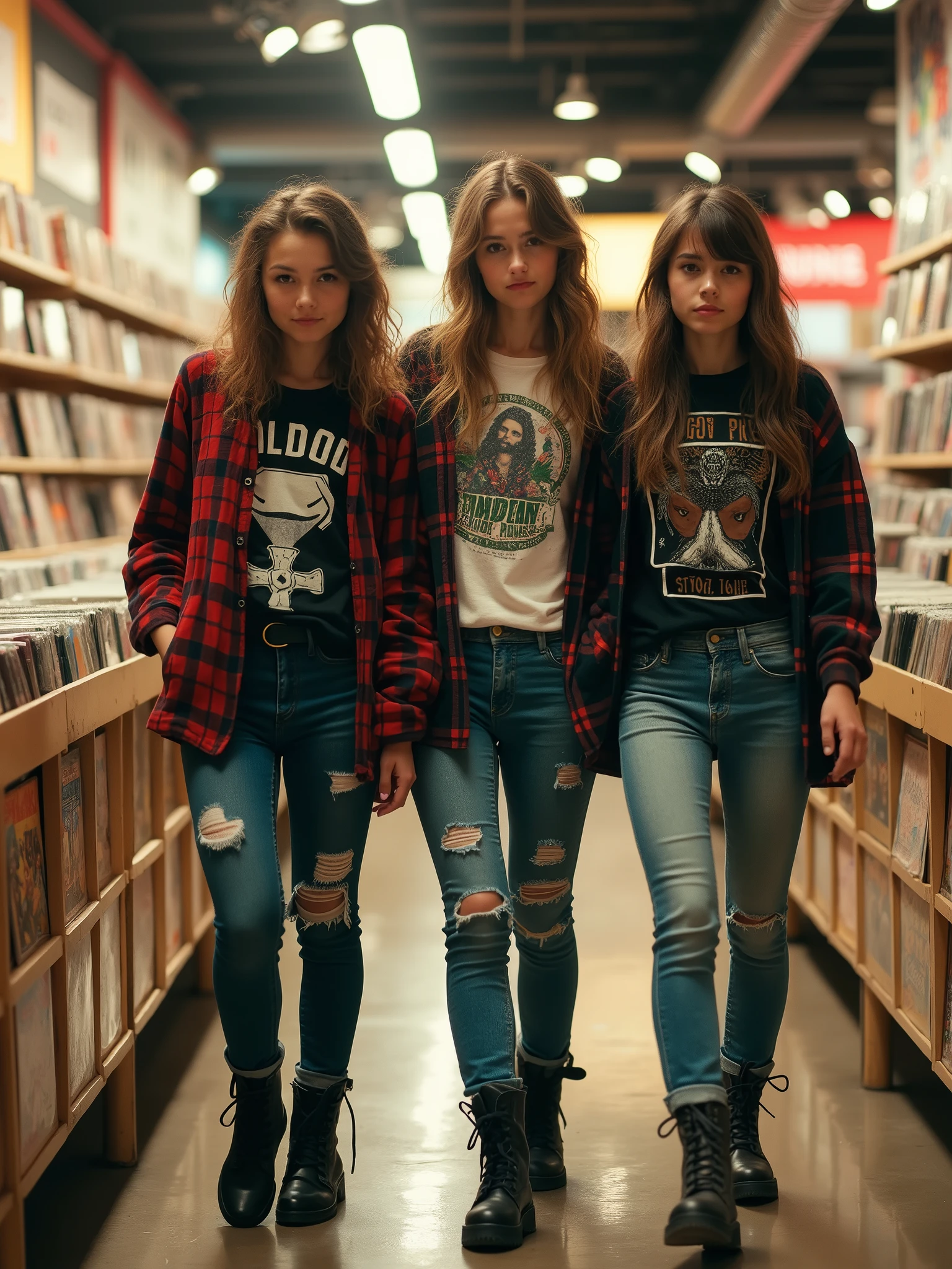 A captivating close-up photograph of young women with a grunge aesthetic, browsing through a record store in an American mall in 1995. The women wear flannel shirts, ripped jeans, and combat boots, and they have a casual, confident demeanor. The record store's shelves are filled with a diverse range of vinyl records, with a mix of classic rock, alternative, and grunge music.
The overall atmosphere of the image is nostalgic, capturing the essence of the 90s grunge era.