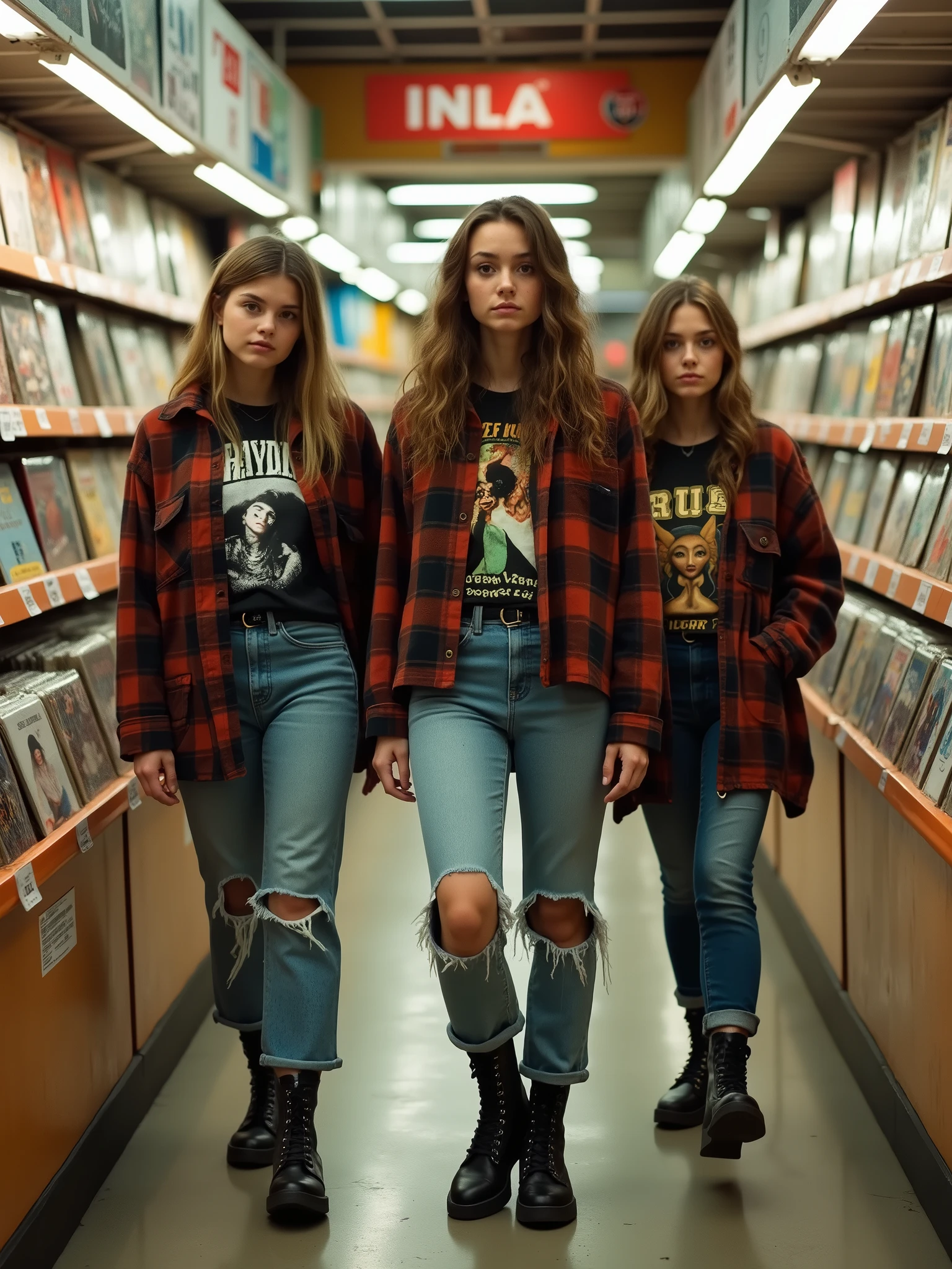 A captivating close-up photograph of young women with a grunge aesthetic, browsing through a record store in an American mall in 1995. The women wear flannel shirts, ripped jeans, and combat boots, and they have a casual, confident demeanor. The record store's shelves are filled with a diverse range of vinyl records, with a mix of classic rock, alternative, and grunge music.
The overall atmosphere of the image is nostalgic, capturing the essence of the 90s grunge era.
