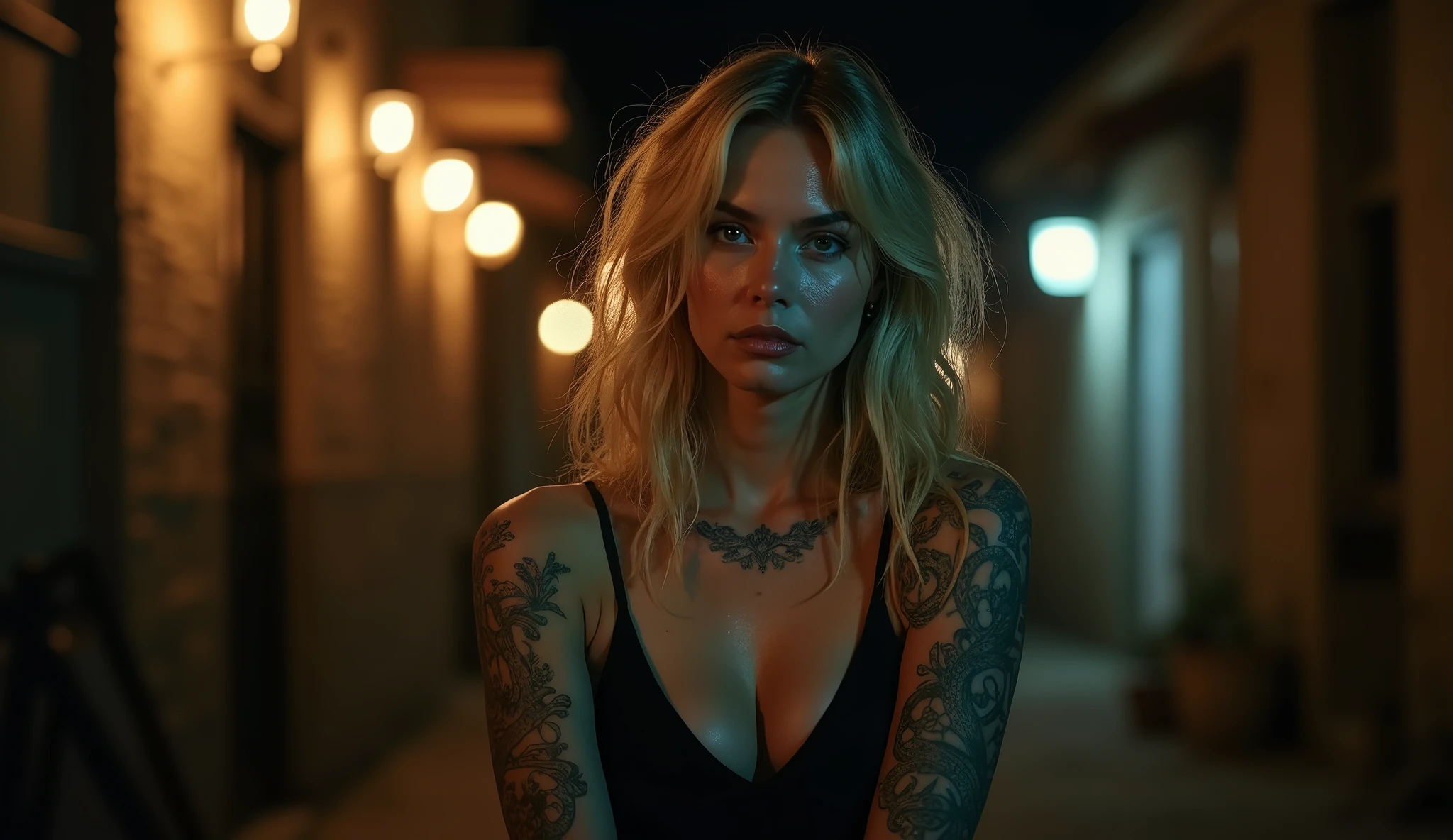 tatuados,a beautiful blonde with big breasts、,(Back tattoo、Many tattoos on both arms and neck)、 (A dark alley in America),Candlelight only,Very detailed, 21 years old, Depressed face, Wavy Hair, blue eyes, High resolution, masterpiece, Highest quality, Intricate details, Very detailed, Clear focus, Delicate skin, practical skin texture, texture, Delicate eyes, Professional, 4K, Sad face,despair、 Shot with Canon, 85mm, Shallow and deep, Kodak Vision Color, Exactly, Very detailed, photograph_\(Extremist\), photographpractical, practical, Post-processing, Maximum details, Roughness, Real Life, Extremist practical, Photorealism, photographgraphy, 8K Ultra HD, photographgraphy