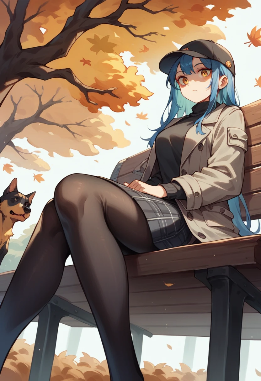 1 girl, blue long hair, casual cap, autumn, gray trench coat, black sweater, black plaid skirt, black tights, black dog, wooden bench, sitting shoulder, yellow gingko tree, from below