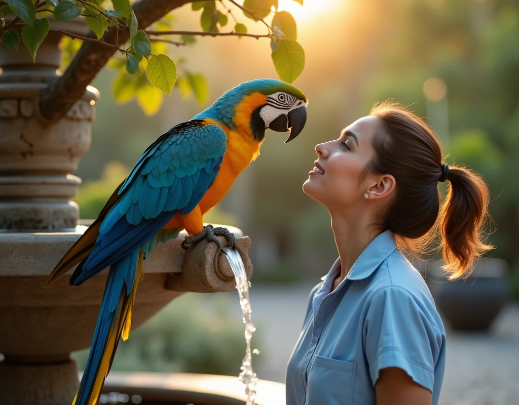 A Psittacidae macaw on a tree branch, being closely admired by a Brazilian woman with silky, defined hair, wearing a pastel blue uniform. In the background, a golden hour of the day with a gravel floor, an ikebana bonsai pot in the right corner, and in the center of the scene, an ornamental fountain with rustic stones and crystal clear running water., perfect lightning, 4K, masterpiece