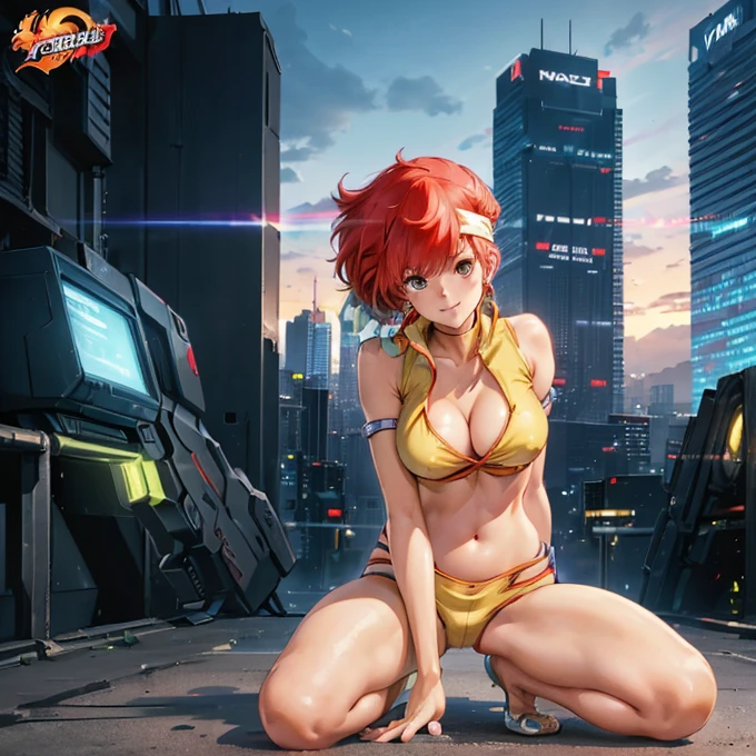 (High resolution:1.4)、(High resolution:1.4)、Beautiful girl alone、 Get on one knee、Aiming the laser gun、Dirty Pair、Kay、 View your viewers、smile,、Wearing tight yellow clothing, flame, feet, Mid-chest, Redhead beauty, Cyberpunk City Background, head band, Narrow waist, Thin thighs, Thigh Gap、 belly button、 Cleavage、