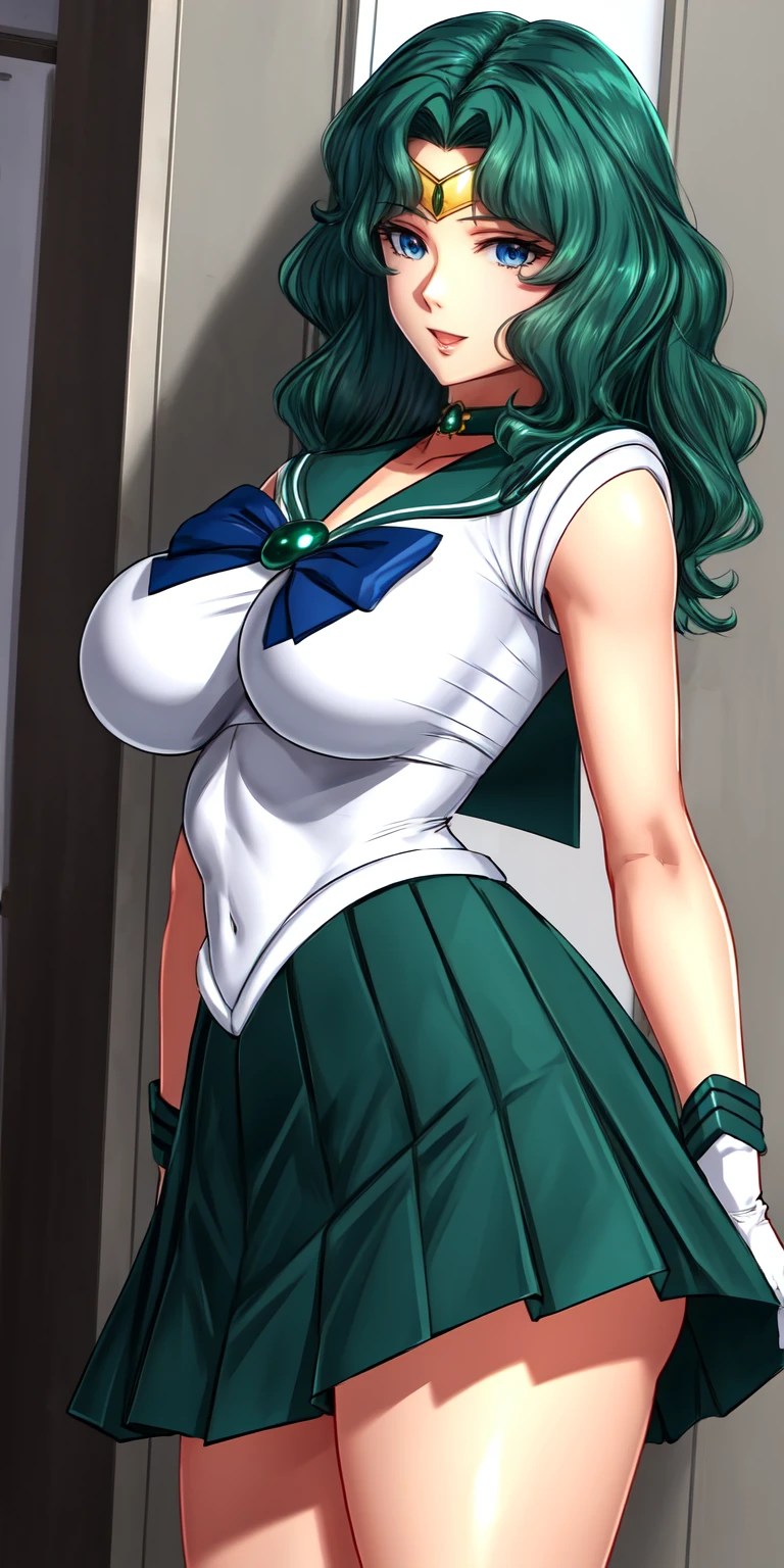 KaiouMichiru,  large breasts, standing, solo, green_sailor_senshi_uniform_blue_bowtie_blue_backbow_green_skirt, masterpiece, best quality, detailed face, detailed eyes, highres,