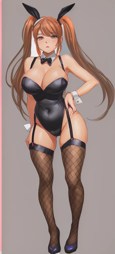 Jessica, with her big breasts, long beautiful legs and twin tails, is standing with her hands on her hips in a black high-cut bunny suit and fishnet stockings.。
