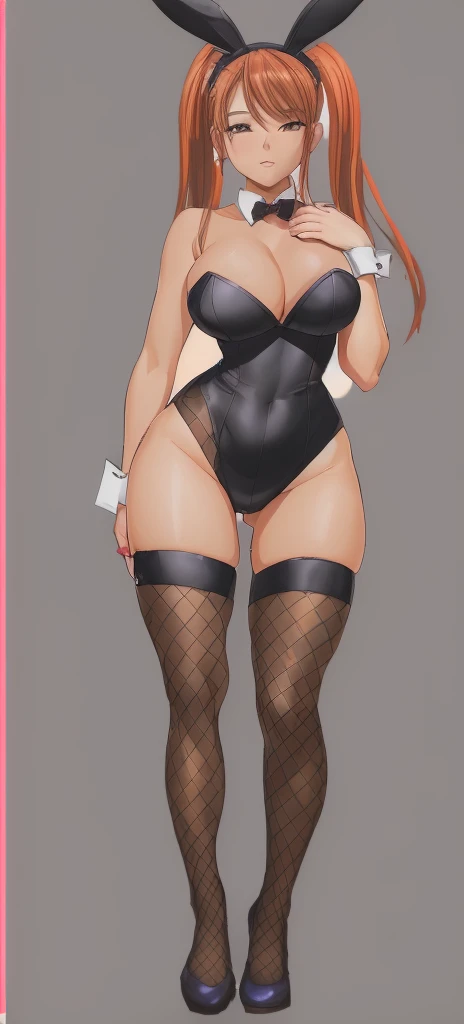 Jessica, with her , long beautiful legs and twin tails, is standing with her hands on her hips in a black high-cut bunny suit and fishnet stockings.。