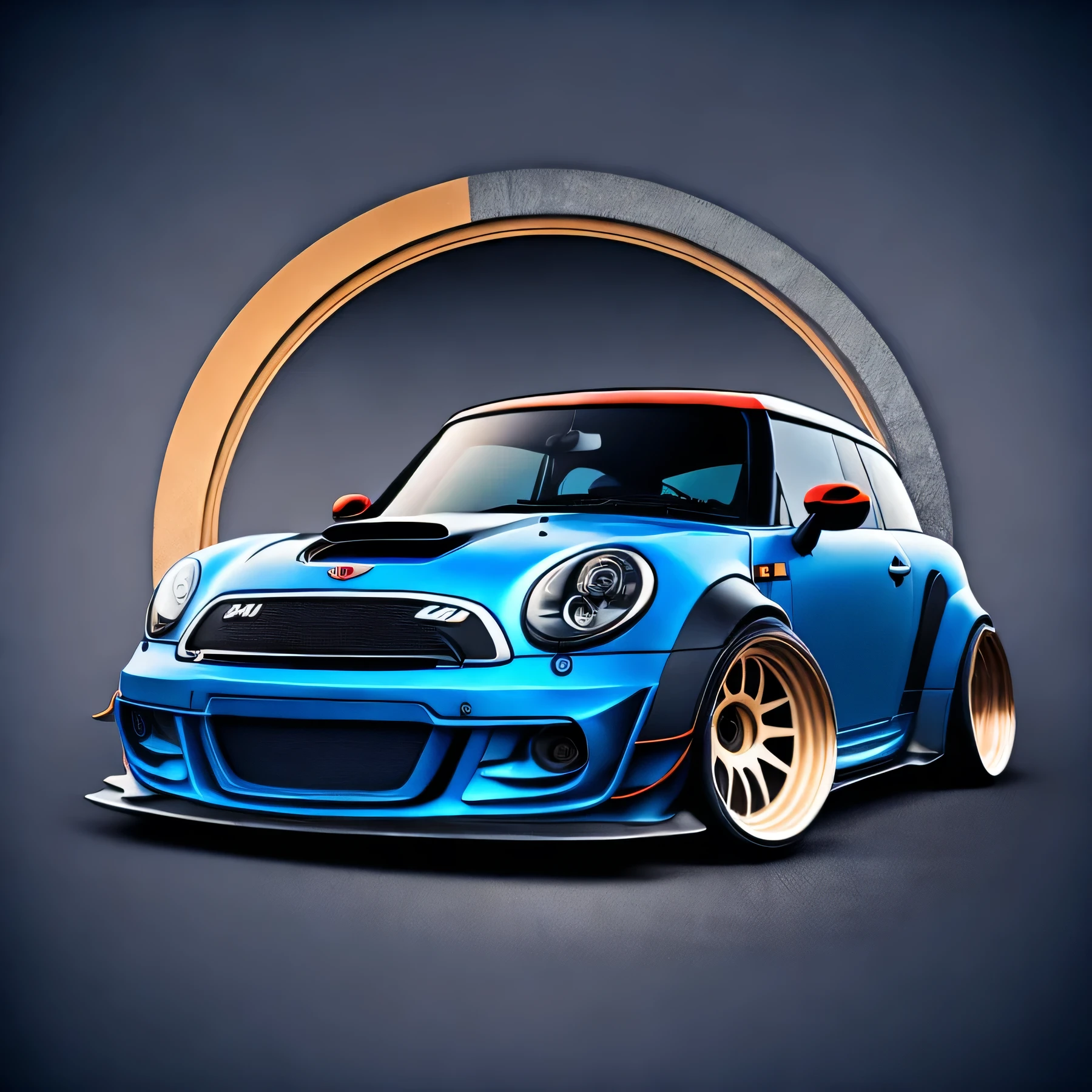 Zephyr Designz circlular Artwork for t-shirt graphic design a race inspired graphic design front profile shot F56 Mini Cooper S blue colour scheme, Zephyr Designz carbon fibre body kit design, Liberty walk ultra wide body kit, aggressive stance background: racetrack, outside old industrial style building, large windows in background, bright sky, heavy industrial look, 8K quality, realistic, realism, sharp, detailed, ultrawide, ,epic ultra wide body kit, super low stance, aggressive looks , vector image, t shirt design circular faded edges