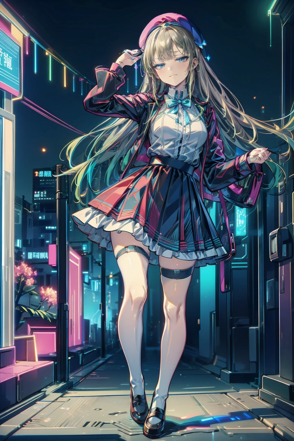(iwanagadress:1.2), (Lock binding:0.9),(beret:1.8), Kotoko Iwanaga, One person, beret, blue skirt, Brown footwear, dress, hair 弓, have, Holding, Holding 杖, Juliet Sleeve, Light brown hair, Long sleeve, View your audience, petticoat, Puff sleeves, Purple eyes, short hair, skirt, One personで, Thigh straps, Knee socks, white dress, White Hat, white Knee socks, Kyokou suiri, Shiny golden hair, Long Wavy Hair, (Beautiful blue eyes、Sparkling eyes, fine grain)、smile、Very fine eye、Very detailed顔, Very detailed目, Very detailed, Absurd, Ultra-high resolution, Very detailed, Highest quality, One personの, One personで, Nice hands, Perfect hands, happy smile, smile, Mouth closed, Are standing, 45 degrees, Cute pose, Perfectly symmetrical face, Super cute girl, Super cute face, Very detailed目, Ultra detailed hair, Super cute, so beautiful, 壊す in harajuku, Shibuya Ward, Tokyo, street, crowd, Cityscape,