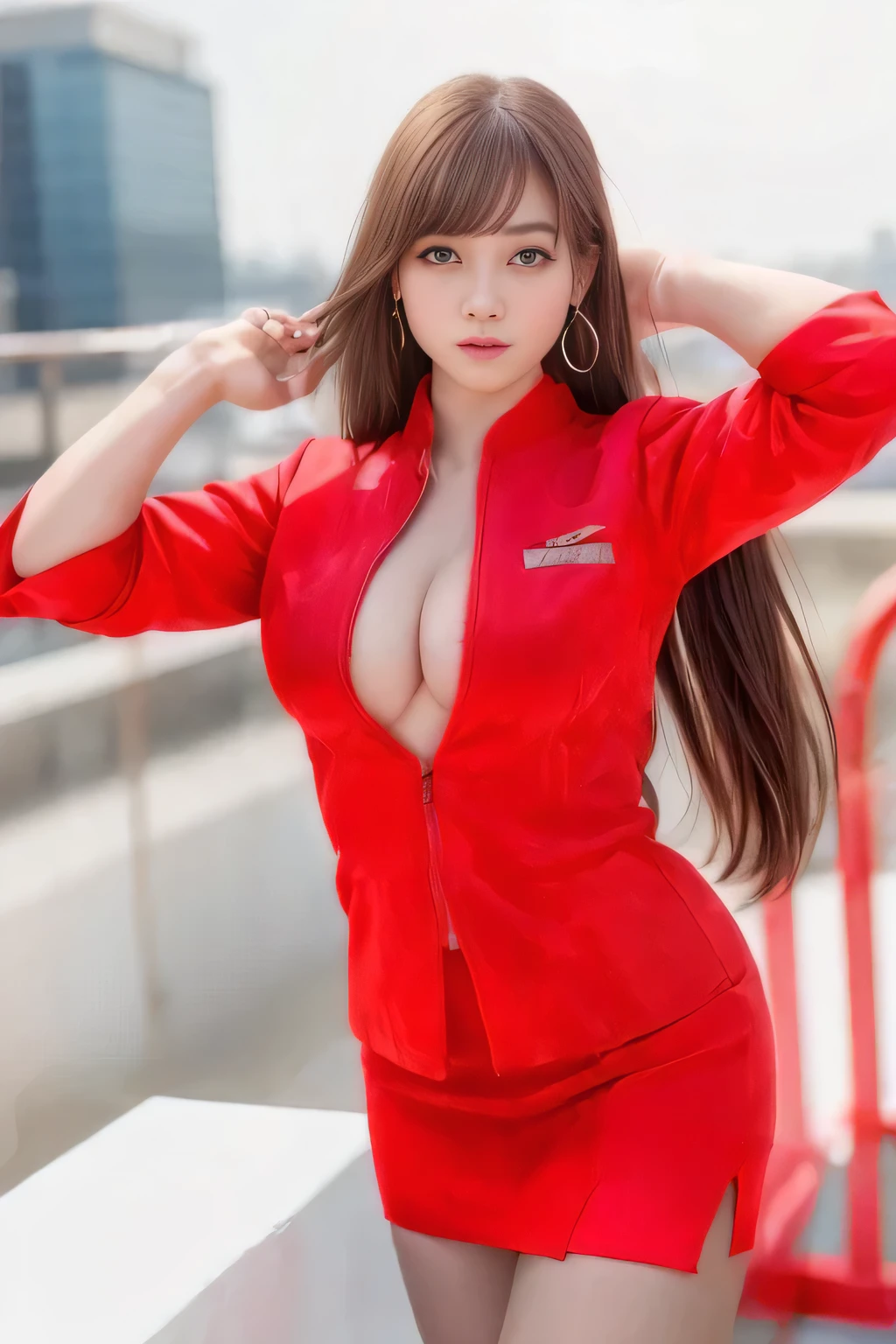 (Highest quality, masterpiece:1.2), (Realistic, photo Realistic:1.4),(AirAsia stewardess uniform realistic style), A proper woman, Beautiful Face, Brown Hair, (Long hair down to the legs), (Red jacket, Unzipped jacket, Unbuttoned white shirt, Red mini skirt, pantyhose),(Showing big boobs through cleavage in unbuttoned white shirt)、Perfect slim body, Huge breasts, huge breasts cleavage, Detailed skin texture, Beautiful Eyes, (Attractive look), necklace、Earrings, On the roof of a building, Rooftop at daytime,Blue eyes、Keep your hands down、Super long hair down to the legs,Strong winds are blowing、Super long hair down to the legsを風になびかせる