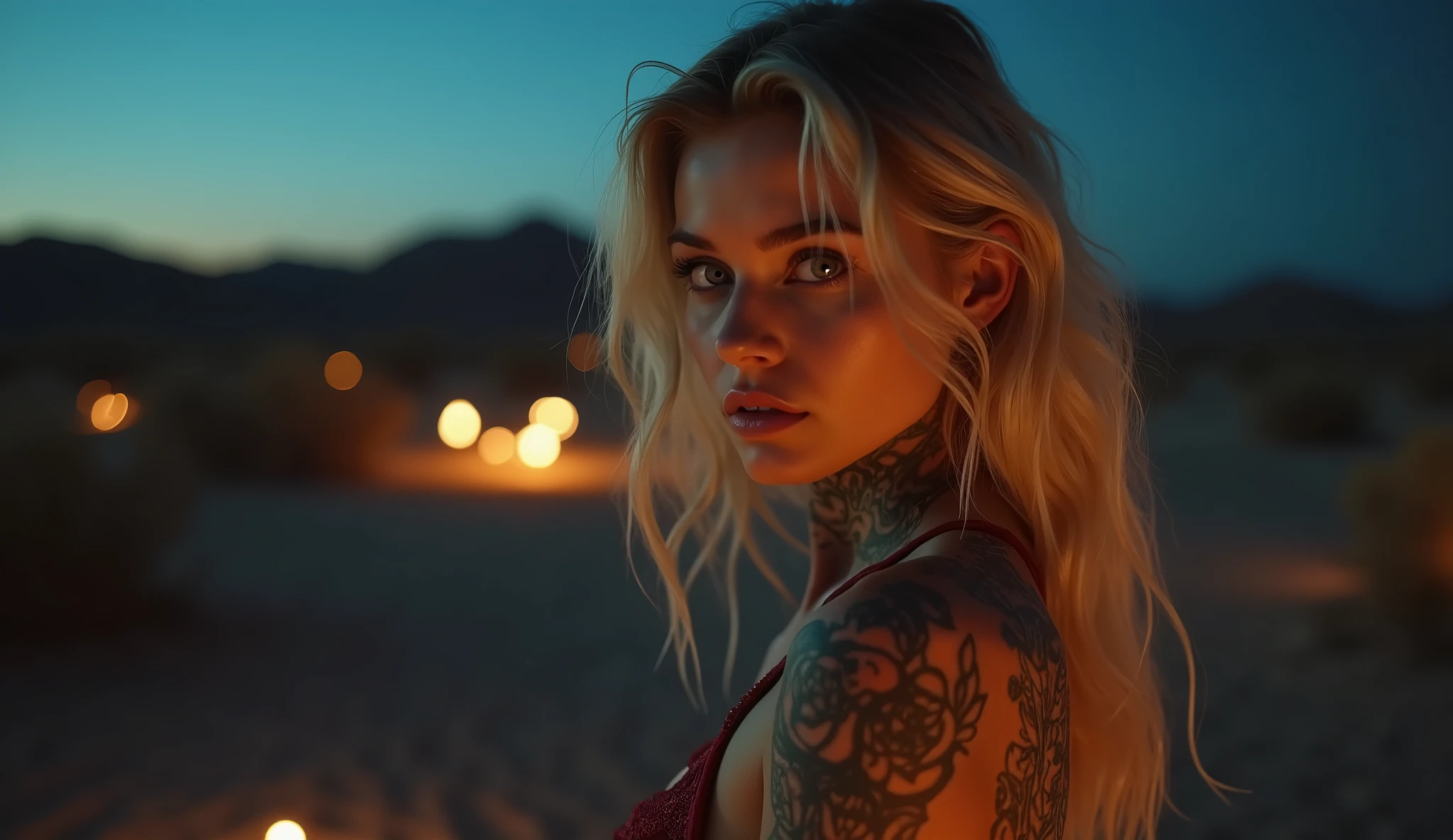 tatuados,a beautiful blonde with big breasts、Tears,(Back tattoo、Many tattoos on both arms and neck)、 (Late night desert),Candlelight only,Very detailed, 21 years old, Depressed face, Wavy Hair, blue eyes, High resolution, masterpiece, Highest quality, Intricate details, Very detailed, Clear focus, Delicate skin, practical skin texture, texture, Delicate eyes, Professional, 4K, Sad face,despair、 Shot with Canon, 85mm, Shallow and deep, Kodak Vision Color, Exactly, Very detailed, photograph_\(Extremist\), photographpractical, practical, Post-processing, Maximum details, Roughness, Real Life, Extremist practical, Photorealism, photographgraphy, 8K Ultra HD, photographgraphy