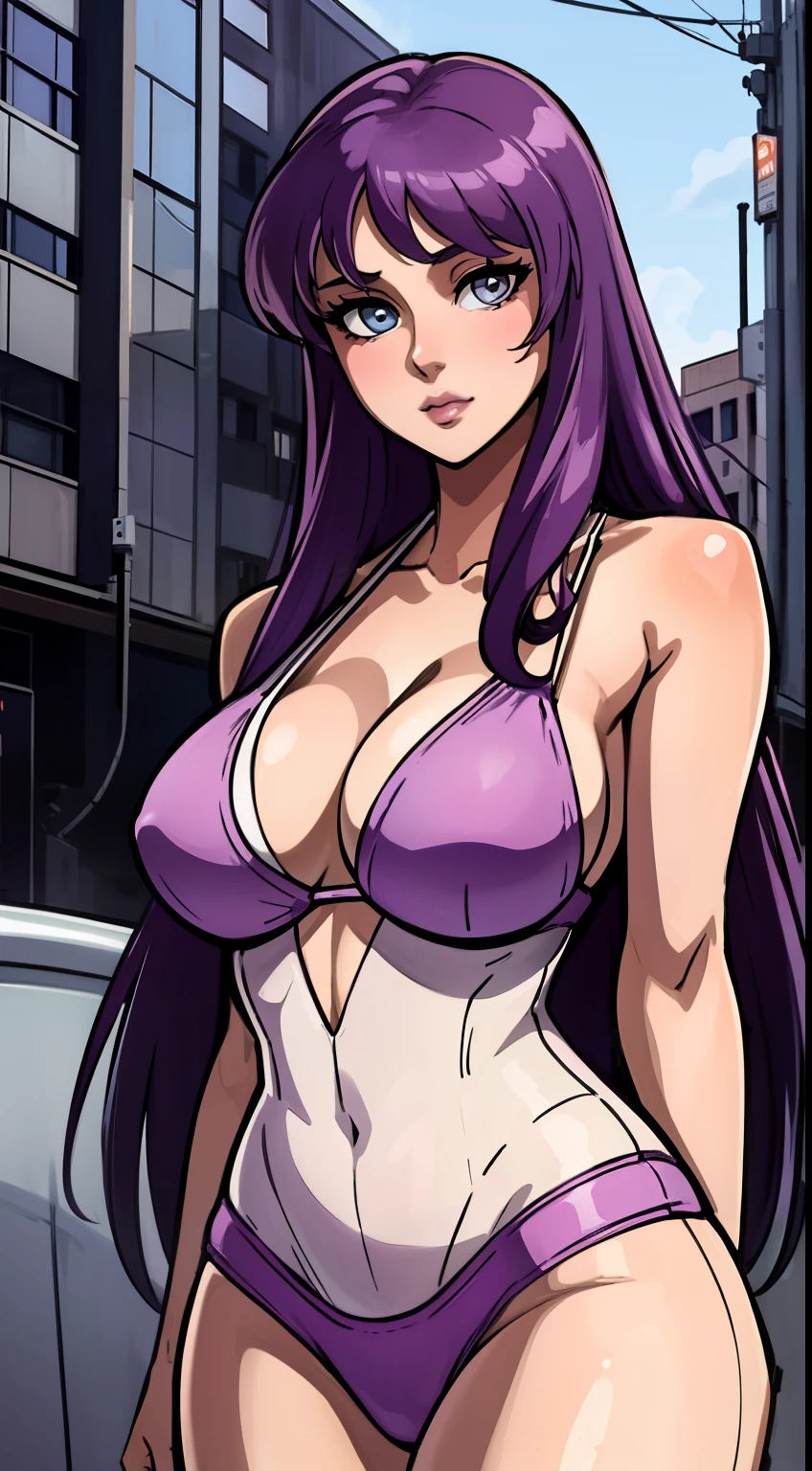 (best quality:1.3), Saori Kido, (bikini), busty, cleavage, seductive, sexy, curvy, (city) ,(body suit)