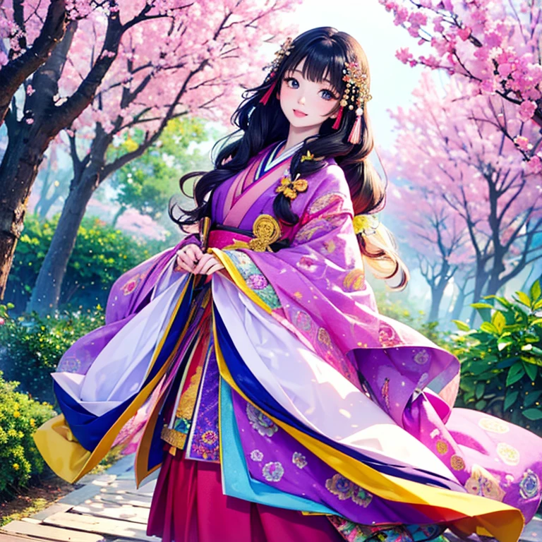 ( High resolution、 Super detailed、masterpiece、Highest quality、High resolution、8k、Detailed Anime)、Heian period、(NHK Taiga Drama、To the Shining One)、Fujiwara Akiko、Young beautiful woman、Beautiful Face、Beautiful Face、Pretty lips、(12 single coats、Light pink、Light purple、yellow、green、blue、red、White color、Colorful overlapping)、(Full Body Shot)、Long black hair、Jewel Ornament、background、garden、Colorful flowers、Vibrant colors、Detailed CG、