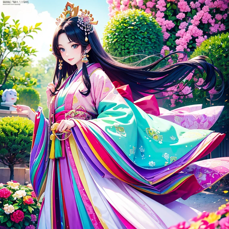 ( High resolution、 Super detailed、masterpiece、Highest quality、High resolution、8k、Detailed Anime)、Heian period、(NHK Taiga Drama、To the Shining One)、Fujiwara Akiko、Young beautiful woman、Beautiful Face、Beautiful Face、Pretty lips、(12 single coats、Light pink、Light purple、yellow、green、blue、red、White color、Colorful overlapping)、(Full Body Shot)、Long black hair、Jewel Ornament、background、garden、Colorful flowers、Vibrant colors、Detailed CG、