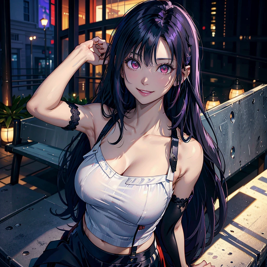22 year old woman, long black hair with purple streaks and bangs, 2 collections, crimson red eyes, long purple nails, flirtatious smile, bright smile, mischievous smile, chest a little big, Full body shot, black overall skirt with white blouse and lace at the neckline, leaning on her back on a park bench, smiling face, HD, 4k, The best quality, full HD.