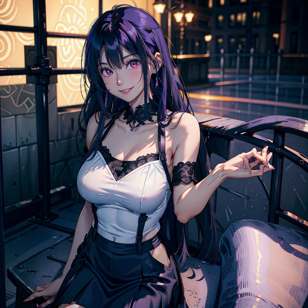 1Raiden shogun, large breasts, cleavage, navel, t-shirt, ((bra)),clothes lift, skirt, lying, full Body,sexy body,sitting