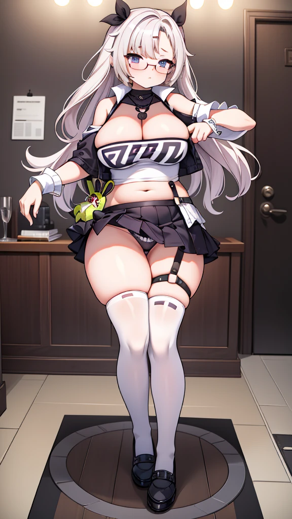 White shirt, long untied hair, pinched eyes, big , thick thighs, white panties, white thighhighs, dark purple hip skirt, no bra, glasses, plump, fat belly, full body