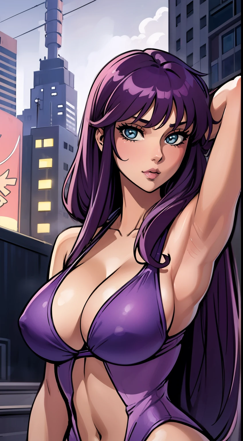 (best quality:1.3), Saori Kido, (bikini), busty, cleavage, seductive, sexy, curvy, (city) ,(body suit)