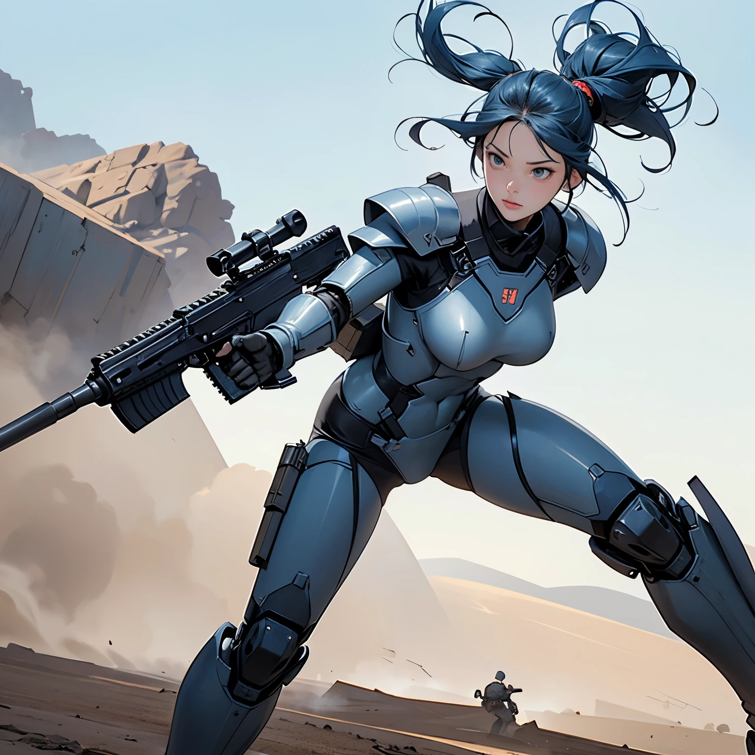 nsfw, anime screencap, 16K, perfect anatomy proportion body, perfect hands, action, A dynamic composition with a sense of speed and movement, (Hold an assault rifle:1.6), a wife, 40age, perfect beautiful delicate sexy face, perfect beautiful delicate drooping eyes, blue hair, hair bun, large breasts, abs, Steel steam engine heavy armored full armor powered suit, Many heavily armored robot soldiers are engaged in a firefight in the background., Flying bullets, Desert Battlefield, war, Post-apocalyptic,