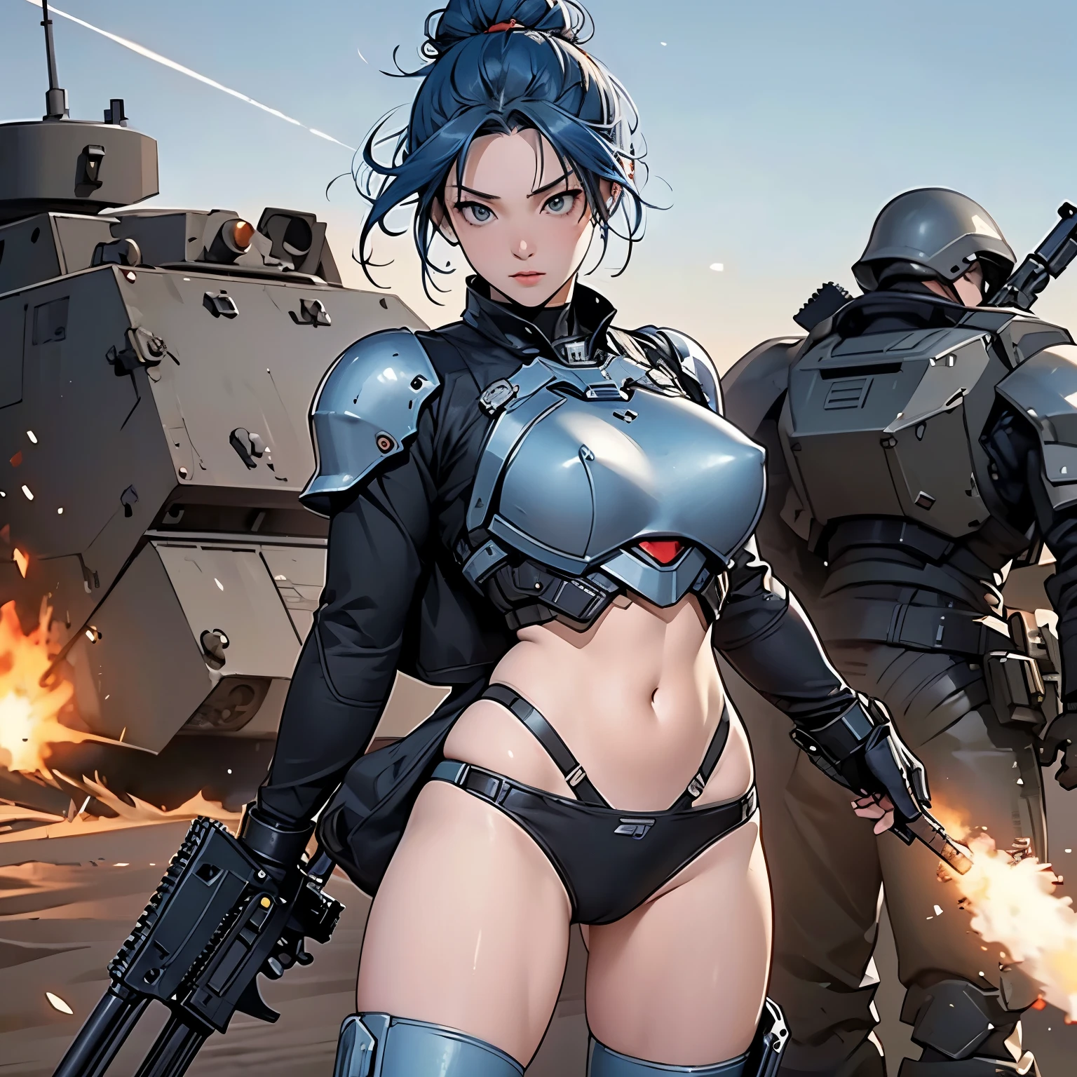 nsfw, anime screencap, 16K, perfect anatomy proportion body, perfect hands, action, A dynamic composition with a sense of speed and movement, (Hold an assault rifle:1.6), a wife, 40age, perfect beautiful delicate sexy face, perfect beautiful delicate drooping eyes, blue hair, hair bun, large breasts, abs, Steel steam engine heavy armored full armor powered suit, Many heavily armored robot soldiers are engaged in a firefight in the background., Flying bullets, Desert Battlefield, war, Post-apocalyptic,