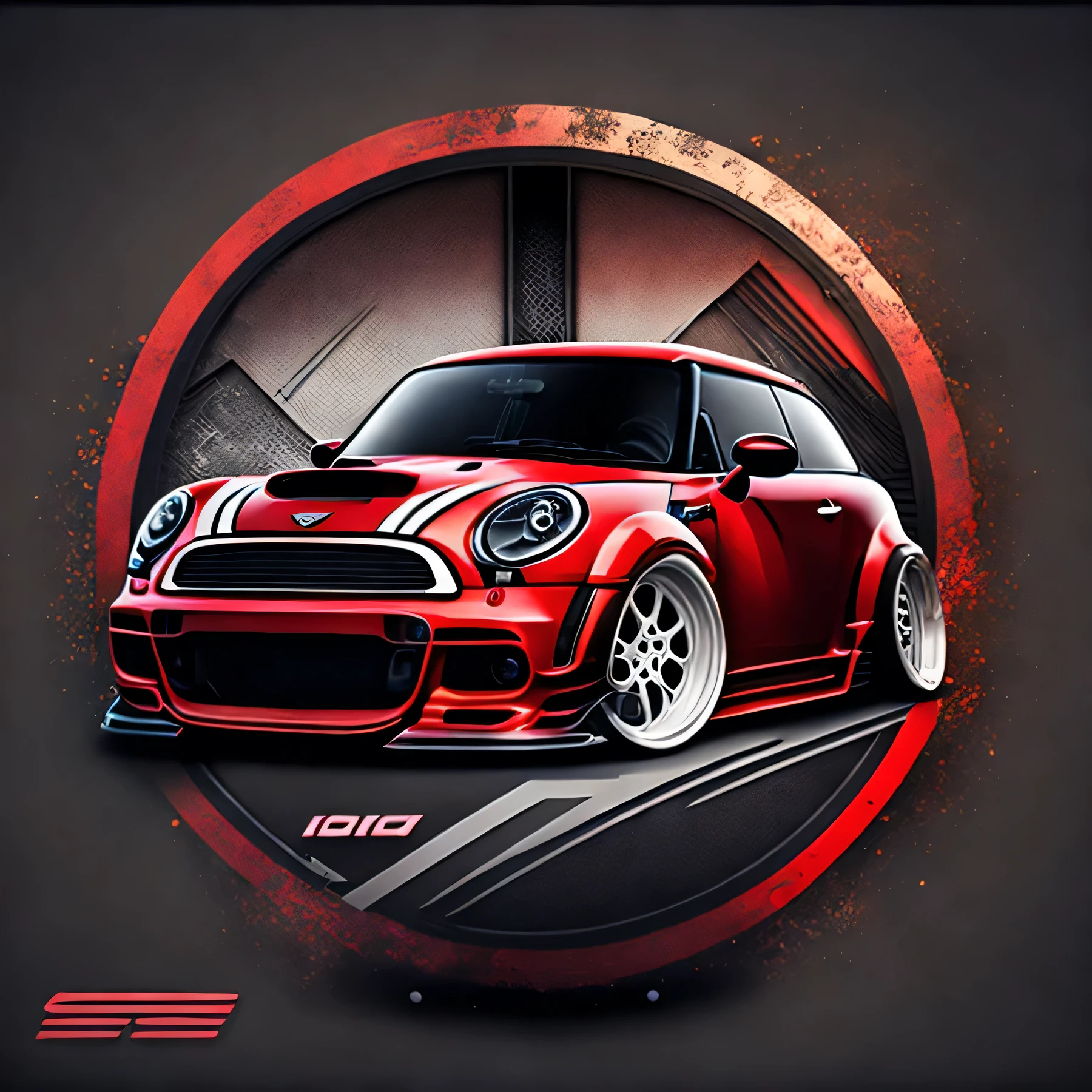 Zephyr Designz circular Artwork for t-shirt graphic design a race inspired graphic design front profile shot F56 Mini Cooper S red colour scheme, Zephyr Designz carbon fibre body kit design, Liberty walk ultra wide body kit, aggressive stance background: racetrack, outside old industrial style building, large windows in background, bright sky, heavy industrial look, 8K quality, realistic, realism, sharp, detailed, ultrawide, ,epic ultra wide body kit, super low stance, aggressive looks , vector image, t shirt design circular faded edges