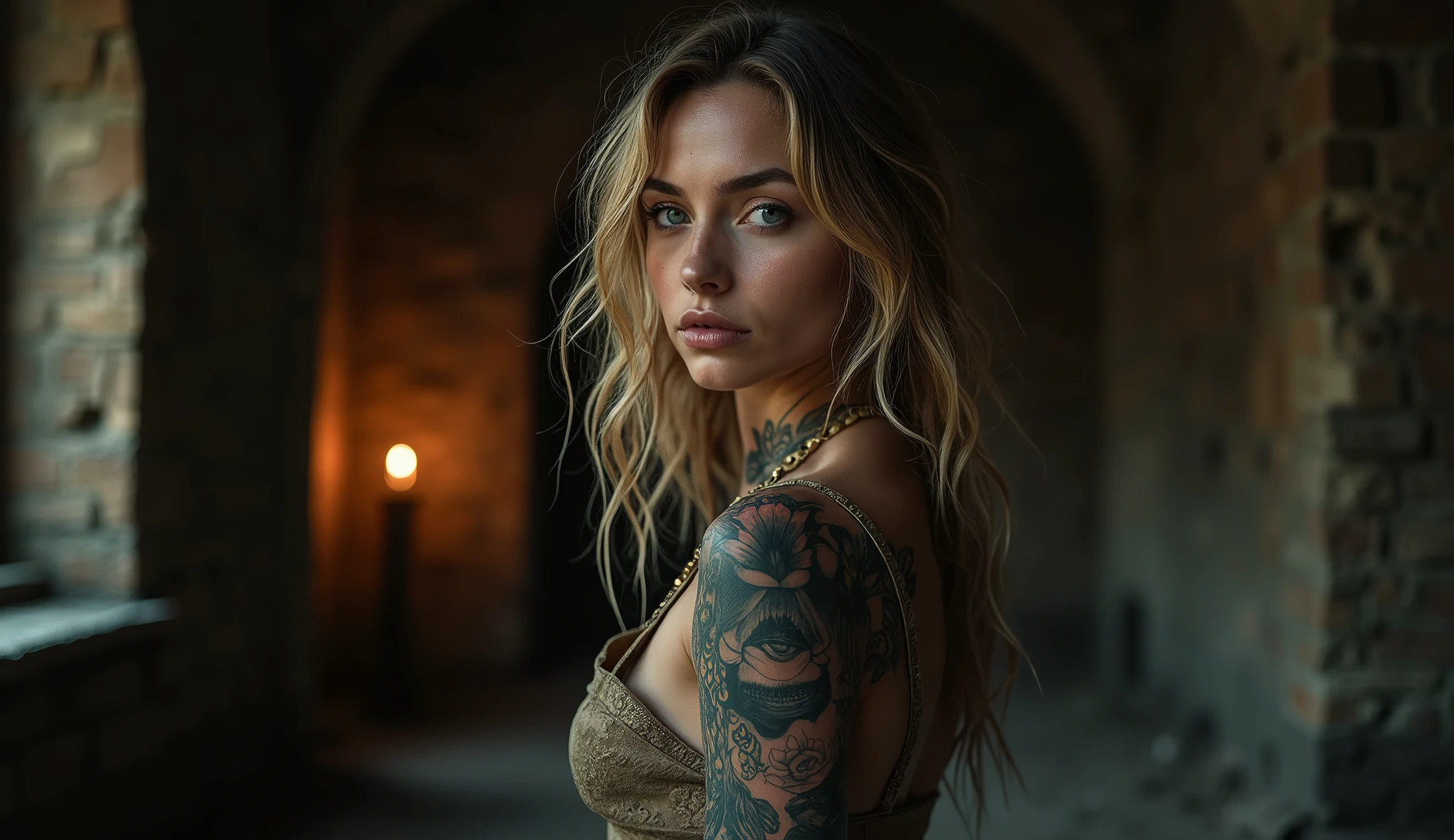 tatuados,a beautiful blonde with big breasts、(Tears),(Back tattoo、Many tattoos on both arms and neck)、 (Midnight Ruins),Candlelight only,Very detailed, 21 years old, Depressed face, Wavy Hair, blue eyes, High resolution, masterpiece, Highest quality, Intricate details, Very detailed, Clear focus, Delicate skin, practical skin texture, texture, Delicate eyes, Professional, 4K, Sad face,despair、 Shot with Canon, 85mm, Shallow and deep, Kodak Vision Color, Exactly, Very detailed, photograph_\(Extremist\), photographpractical, practical, Post-processing, Maximum details, Roughness, Real Life, Extremist practical, Photorealism, photographgraphy, 8K Ultra HD, photographgraphy