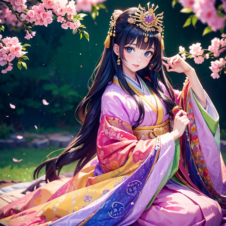 ( High resolution、 Super detailed、masterpiece、Highest quality、High resolution、8k、Detailed Anime)、Heian period、(NHK Taiga Drama、To the Shining One)、Fujiwara Akiko、Young beautiful woman、Beautiful Face、Beautiful Face、Pretty lips、(12 single coats、Light pink、Light purple、yellow、green、blue、red、White color、Colorful overlapping)、(Full Body Shot)、Long black hair、Jewel Ornament、background、garden、Colorful flowers、Vibrant colors、Detailed CG、