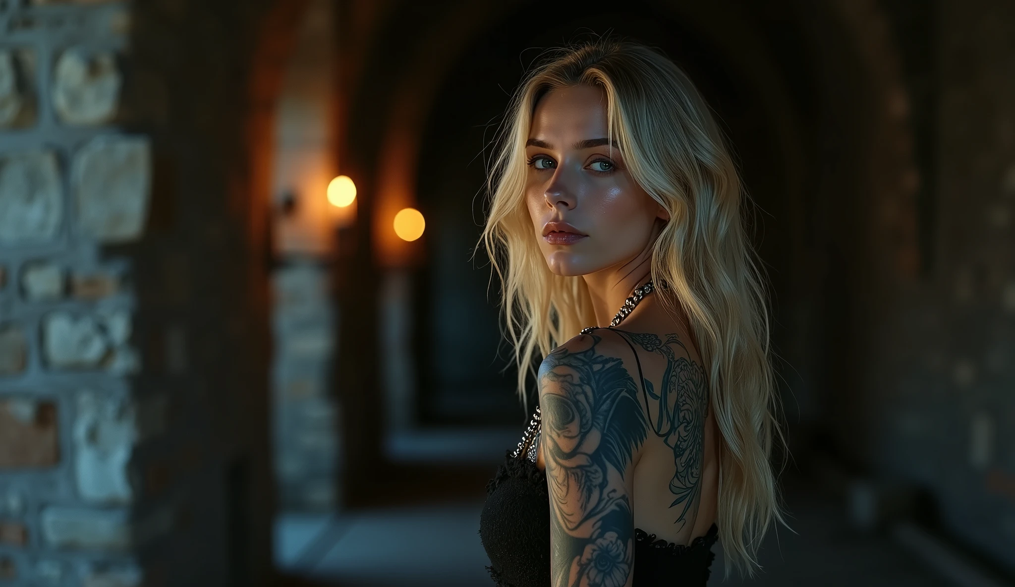 tatuados,a beautiful blonde with big breasts、(Tears),(Back tattoo、Many tattoos on both arms and neck)、 (Midnight Ruins),Candlelight only,Very detailed, 21 years old, Depressed face, Wavy Hair, blue eyes, High resolution, masterpiece, Highest quality, Intricate details, Very detailed, Clear focus, Delicate skin, practical skin texture, texture, Delicate eyes, Professional, 4K, Sad face,despair、 Shot with Canon, 85mm, Shallow and deep, Kodak Vision Color, Exactly, Very detailed, photograph_\(Extremist\), photographpractical, practical, Post-processing, Maximum details, Roughness, Real Life, Extremist practical, Photorealism, photographgraphy, 8K Ultra HD, photographgraphy
